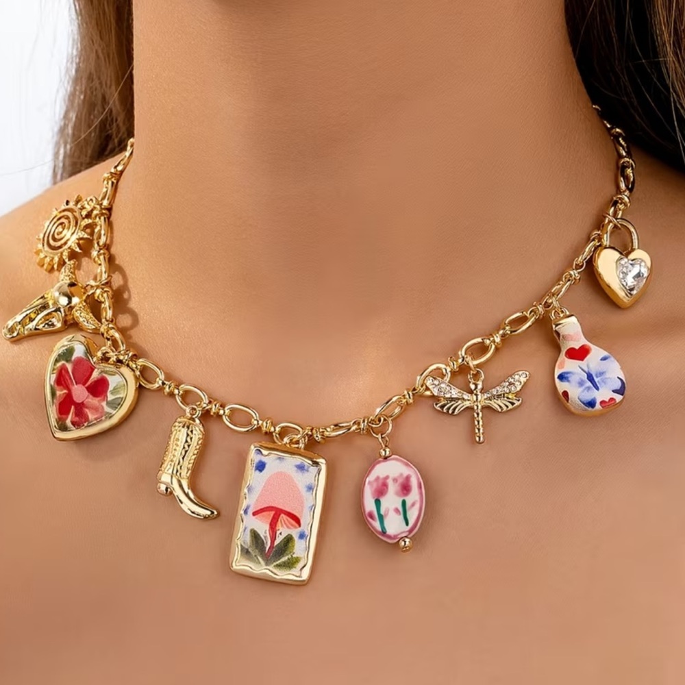 NEW Bohemian Gold Charm Necklace with Floral Accents